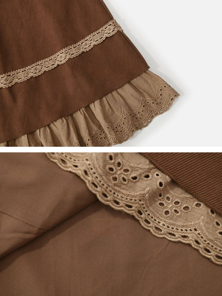 Brown Lace Trim Midi Skirt