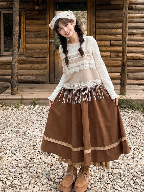 Brown Lace Trim Midi Skirt