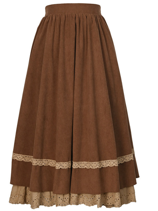 Brown Lace Trim Midi Skirt