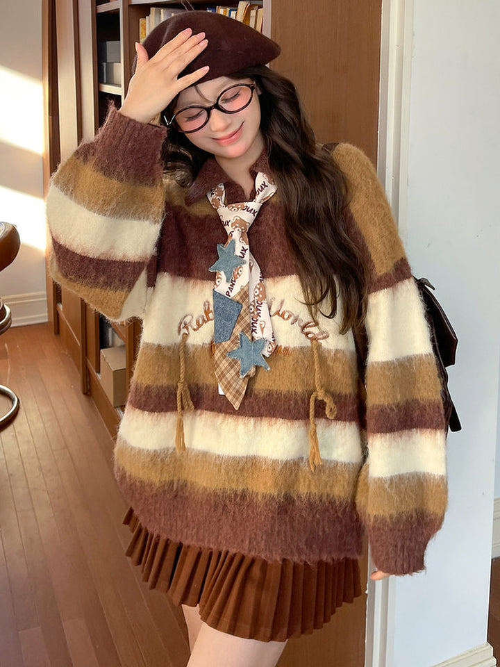 Brown Striped Fuzzy Polo Sweater