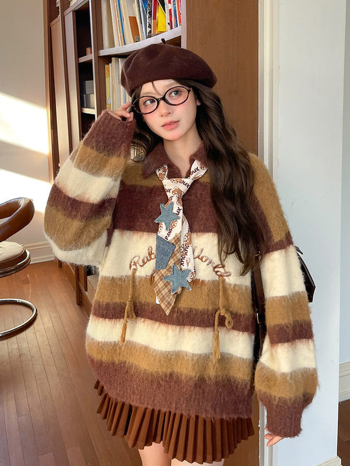 Brown Striped Fuzzy Polo Sweater