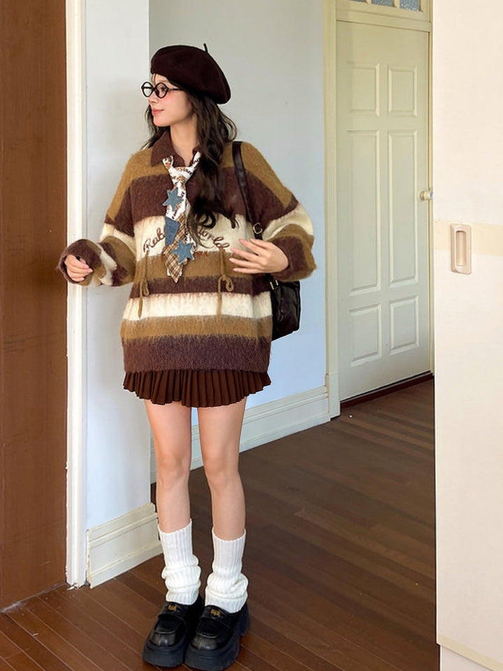 Brown Striped Fuzzy Polo Sweater