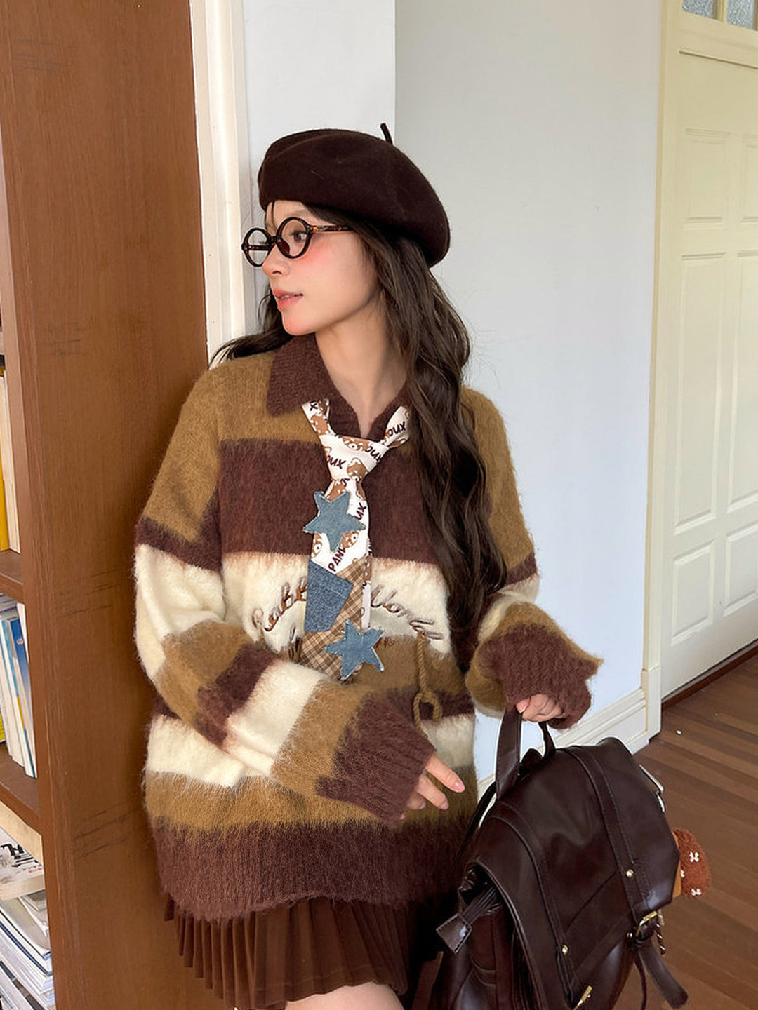Brown Striped Fuzzy Polo Sweater