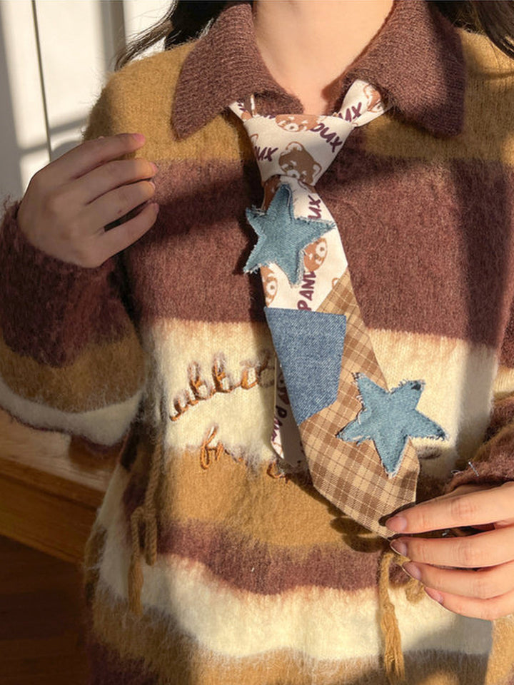 Brown Striped Fuzzy Polo Sweater