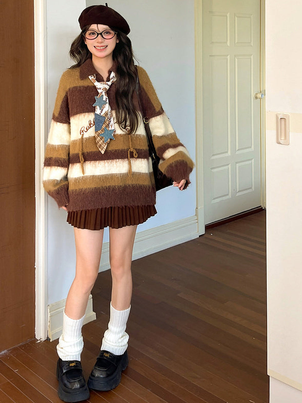 Brown Striped Fuzzy Polo Sweater