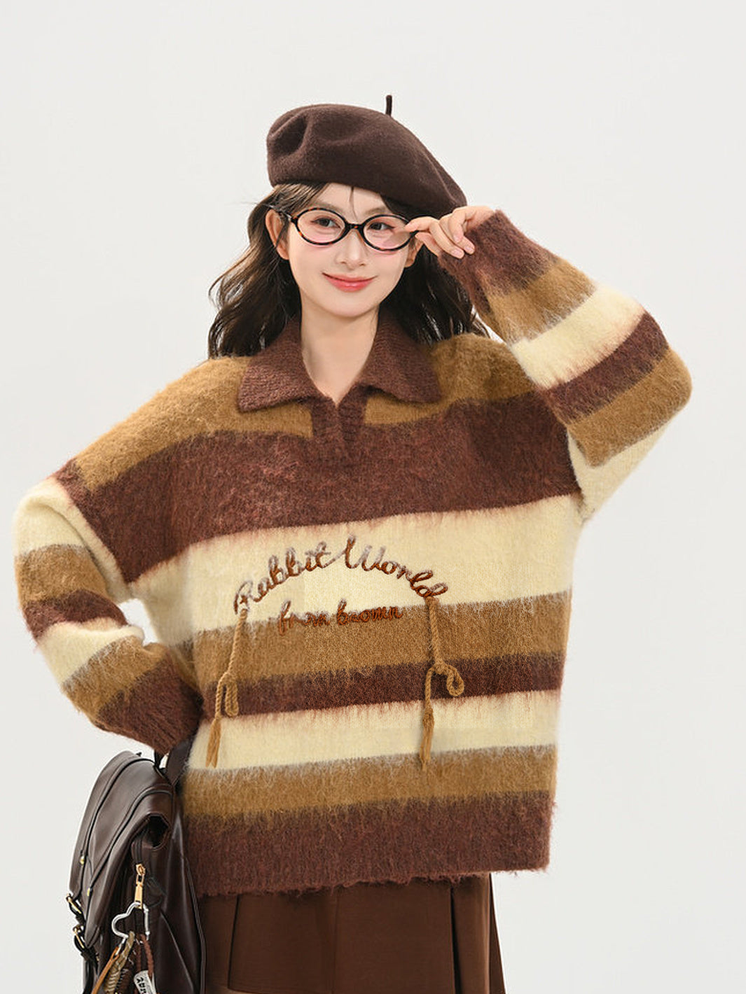 Brown Striped Fuzzy Polo Sweater