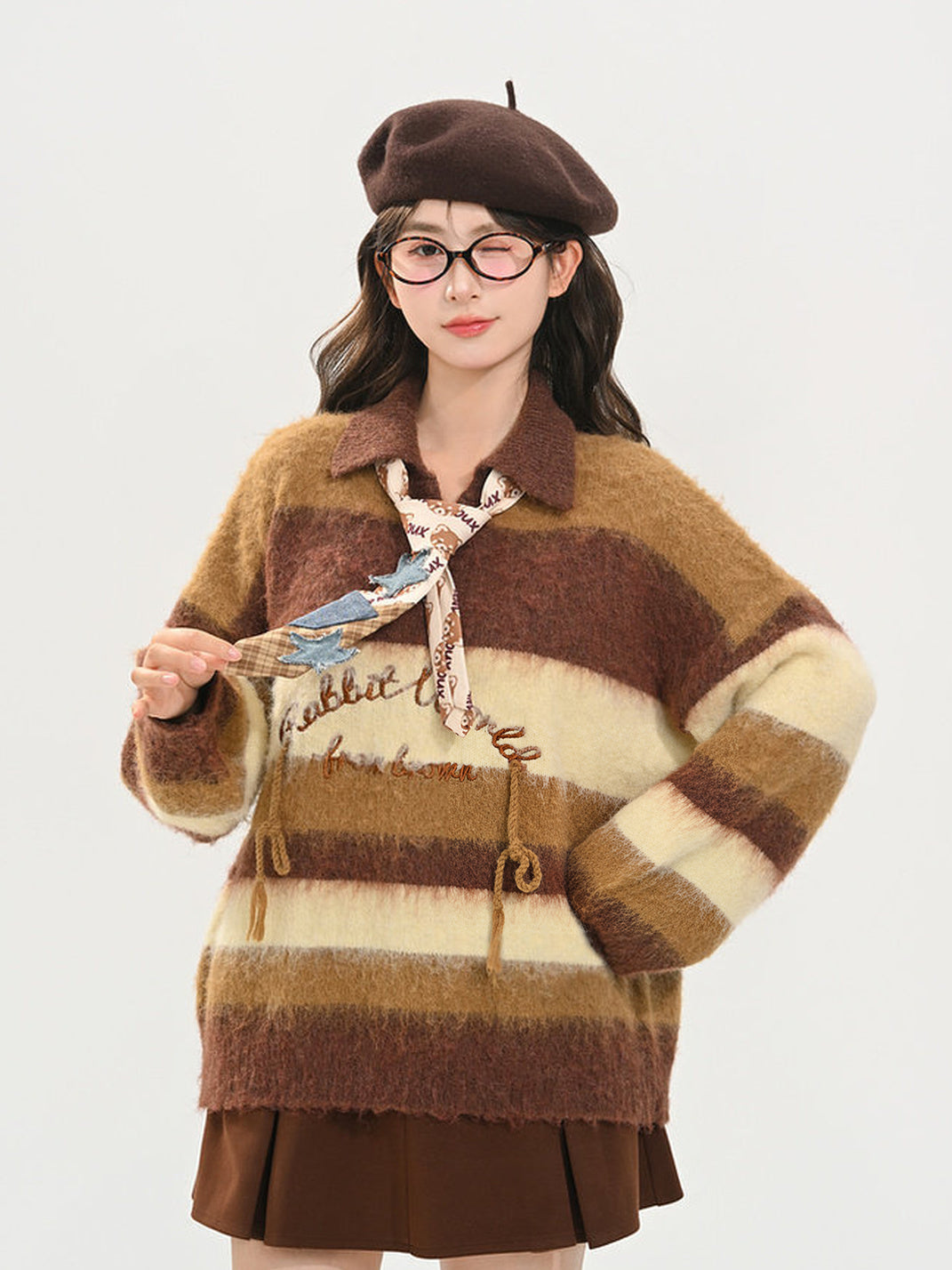 Brown Striped Fuzzy Polo Sweater