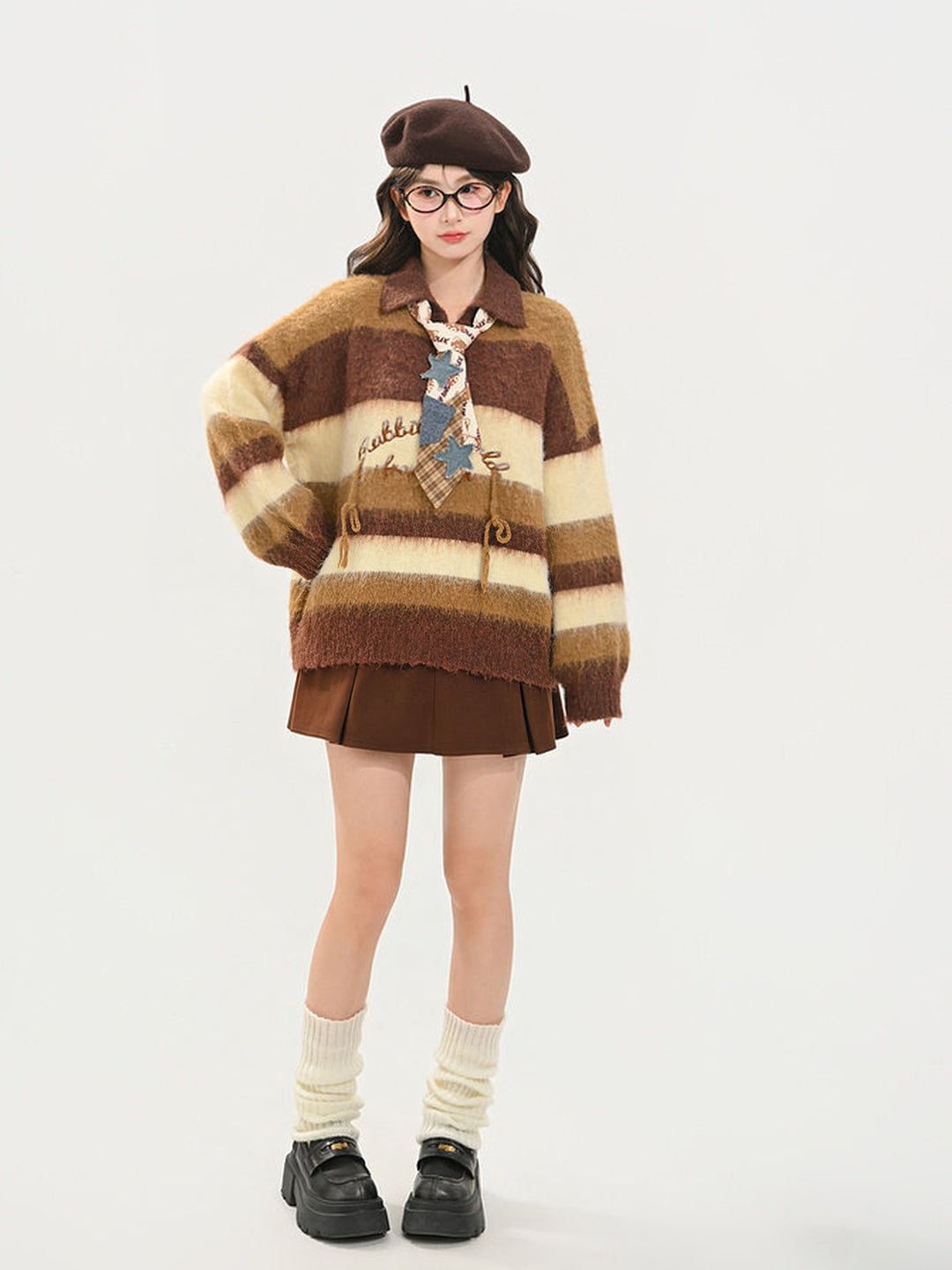 Brown Striped Fuzzy Polo Sweater