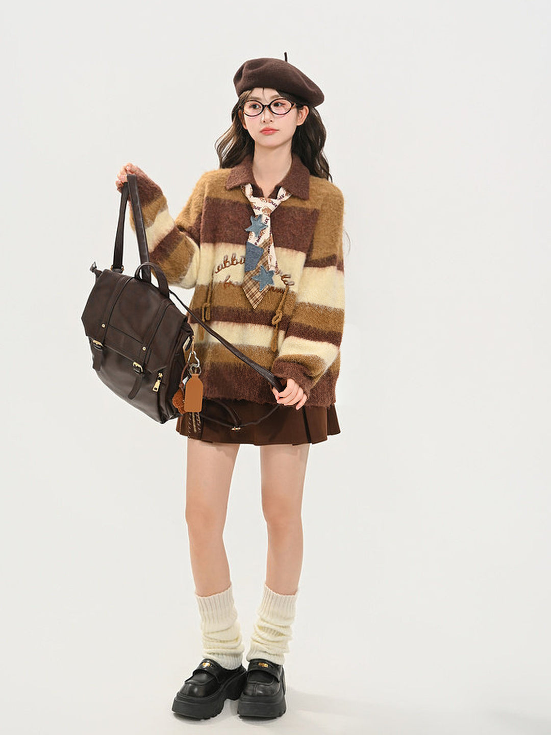 Brown Striped Fuzzy Polo Sweater