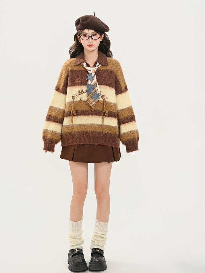 Brown Striped Fuzzy Polo Sweater