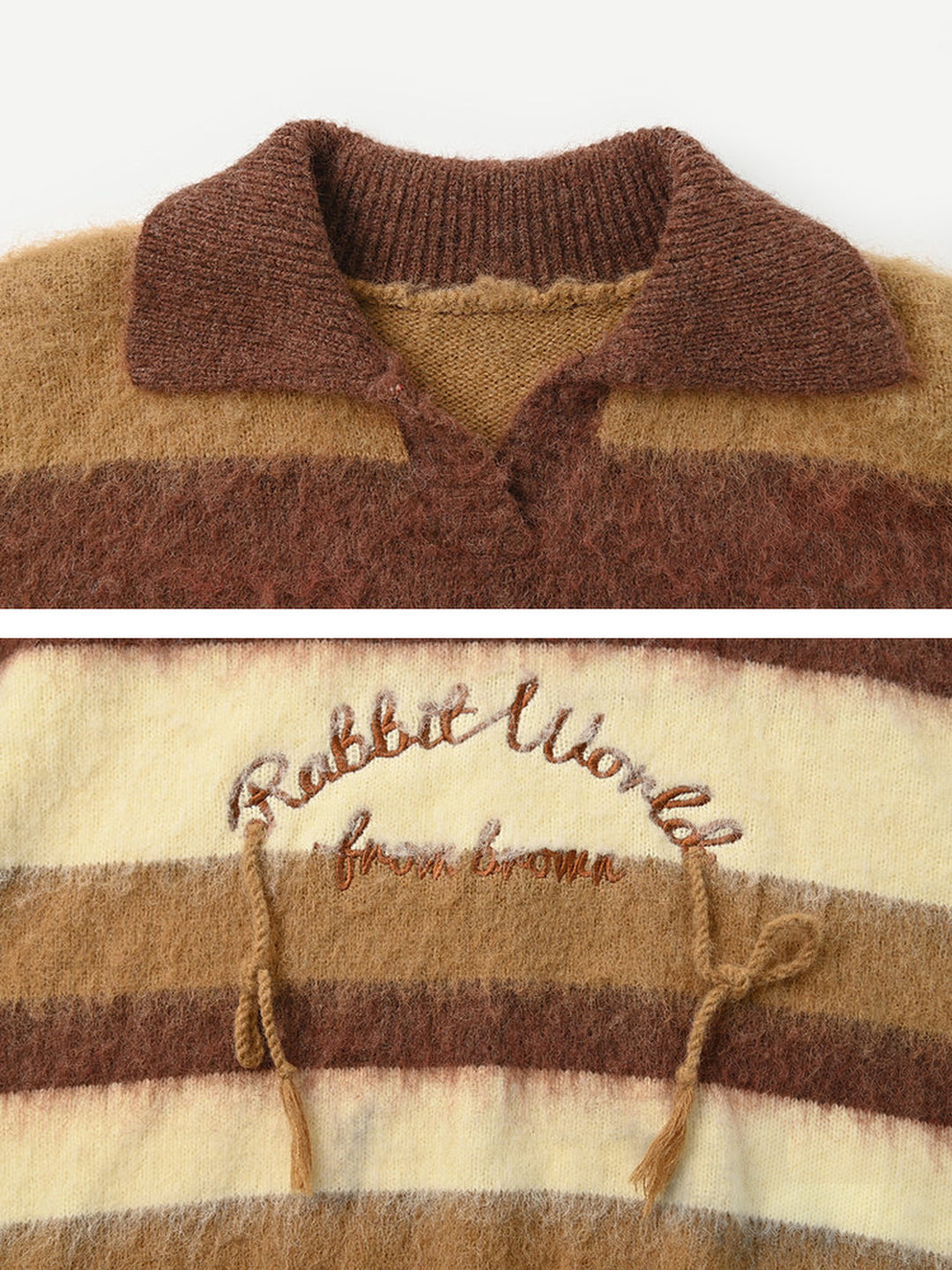 Brown Striped Fuzzy Polo Sweater