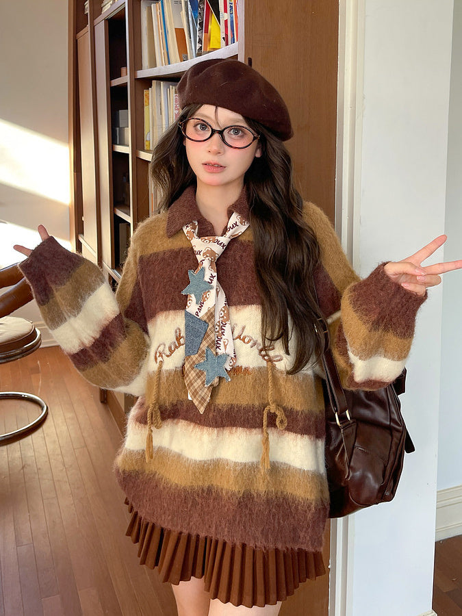 Brown Striped Fuzzy Polo Sweater
