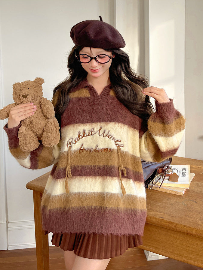 Brown Striped Fuzzy Polo Sweater