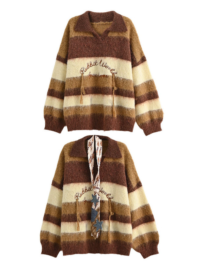 Brown Striped Fuzzy Polo Sweater