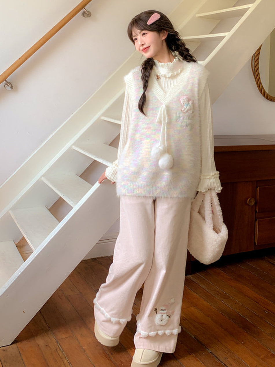 Snowman Pom-Pom Wide Leg Pants