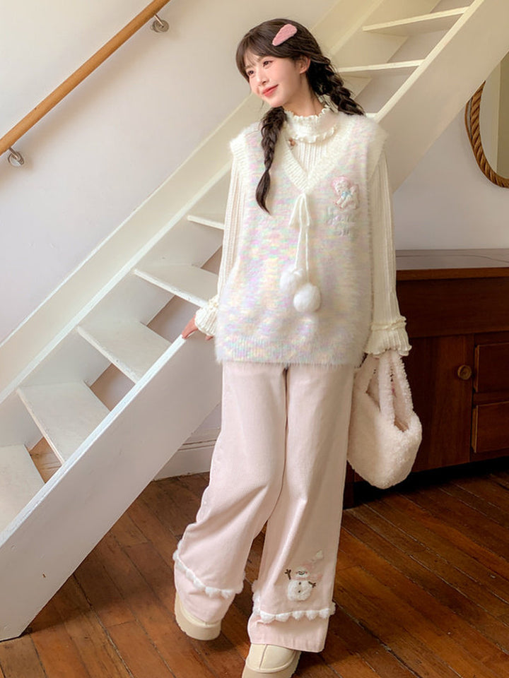 Snowman Pom-Pom Wide Leg Pants