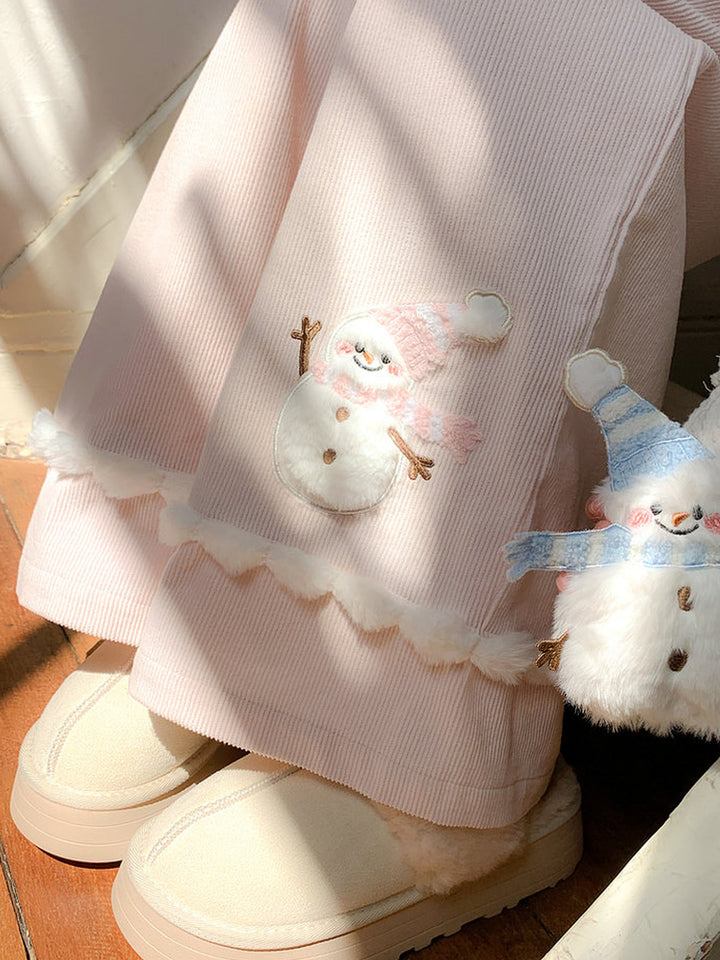 Snowman Pom-Pom Wide Leg Pants