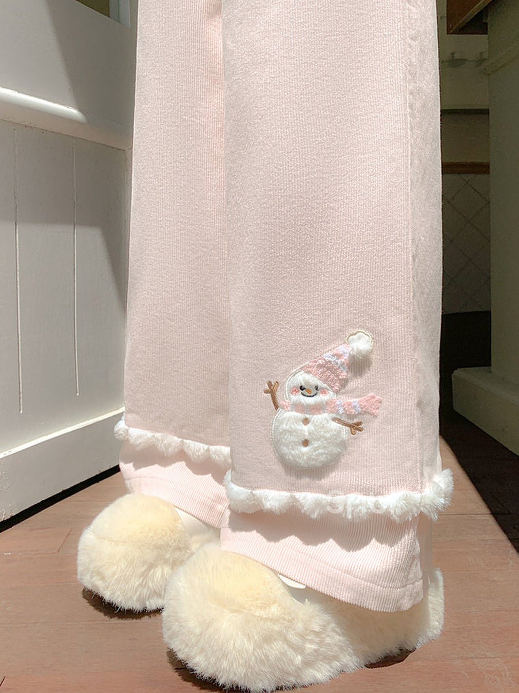 Snowman Pom-Pom Wide Leg Pants