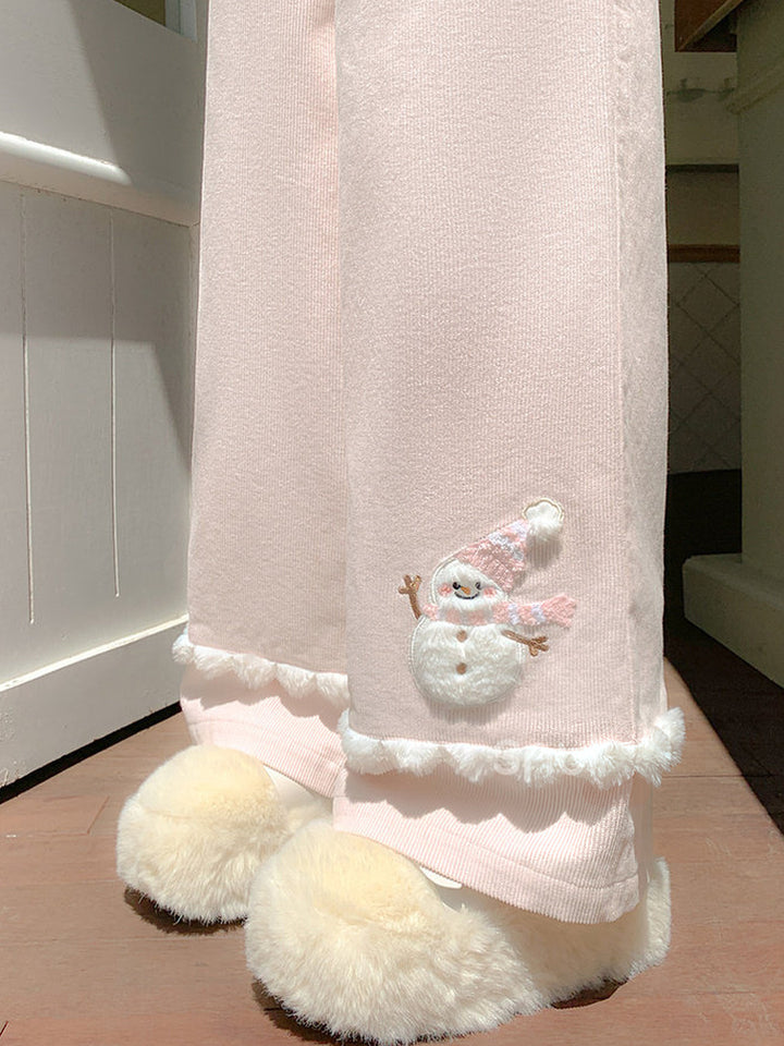 Snowman Pom-Pom Wide Leg Pants