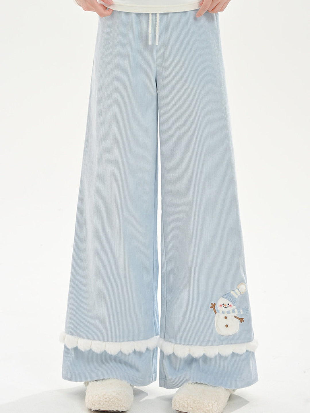 Snowman Pom-Pom Wide Leg Pants