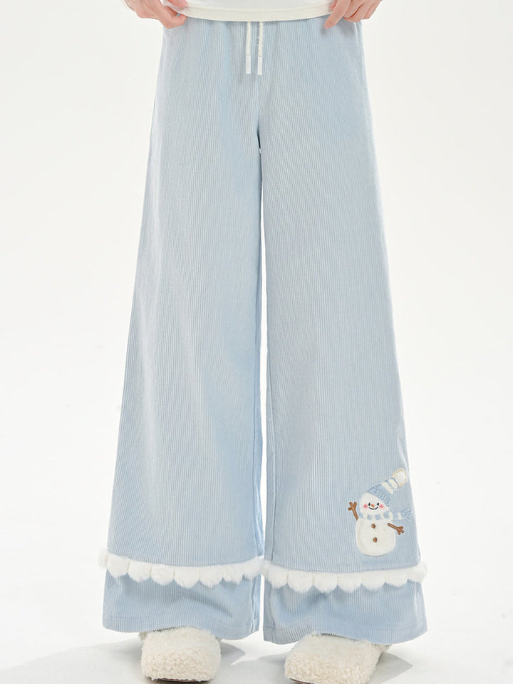 Snowman Pom-Pom Wide Leg Pants