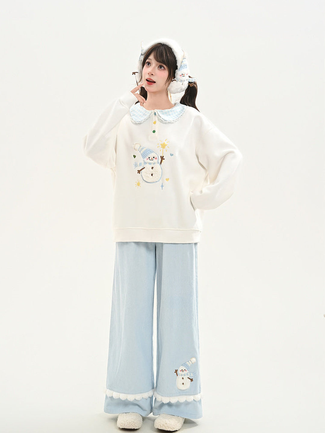 Snowman Pom-Pom Wide Leg Pants