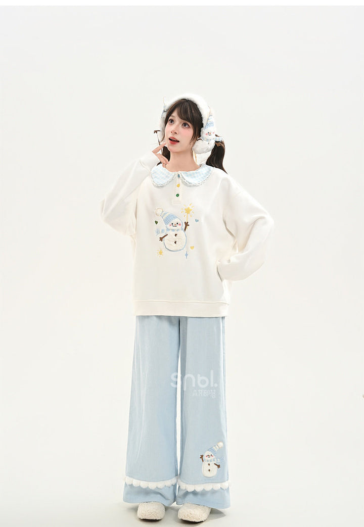 Snowman Pom-Pom Wide Leg Pants