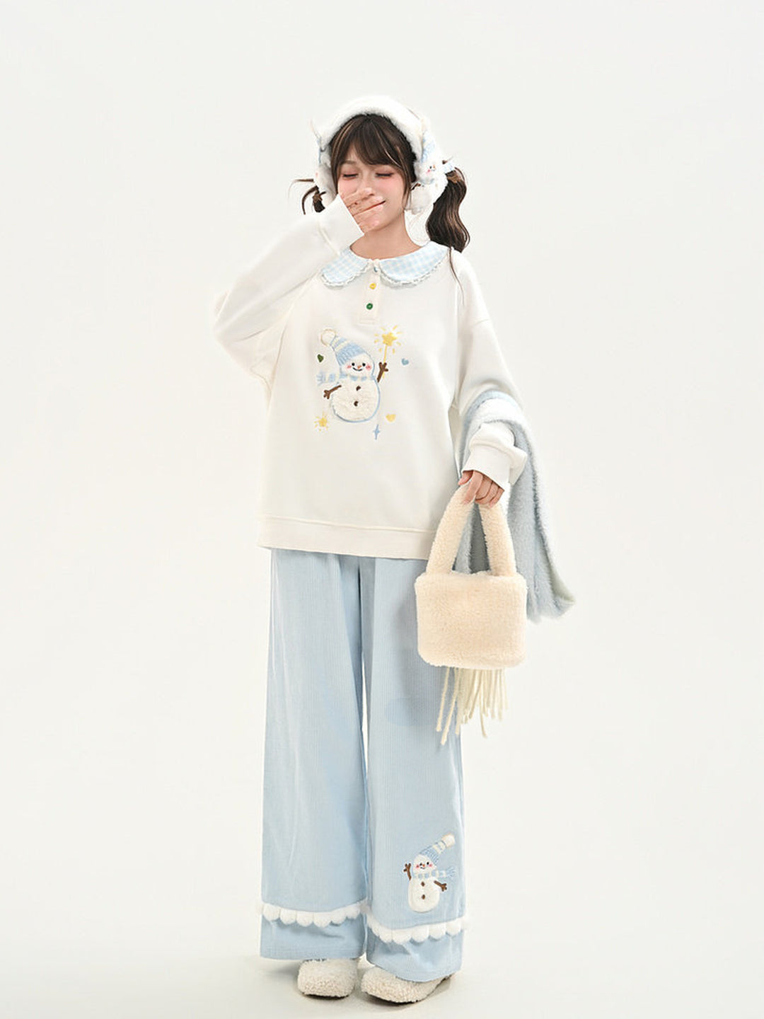 Snowman Pom-Pom Wide Leg Pants