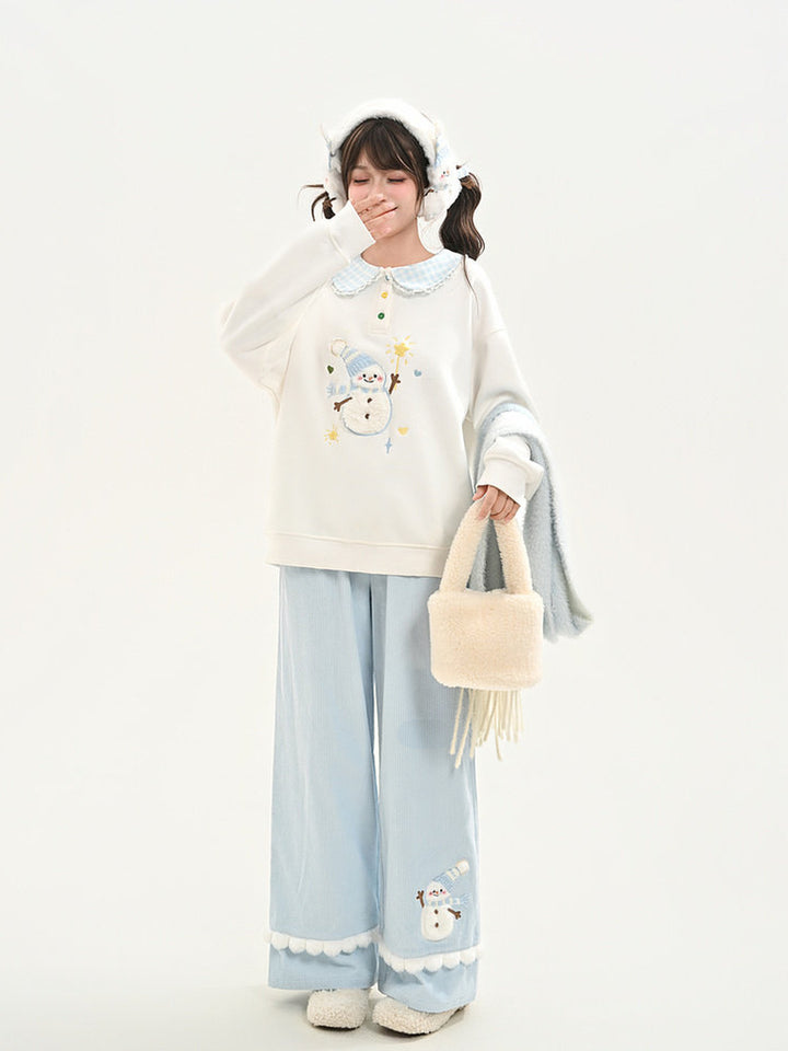 Snowman Pom-Pom Wide Leg Pants