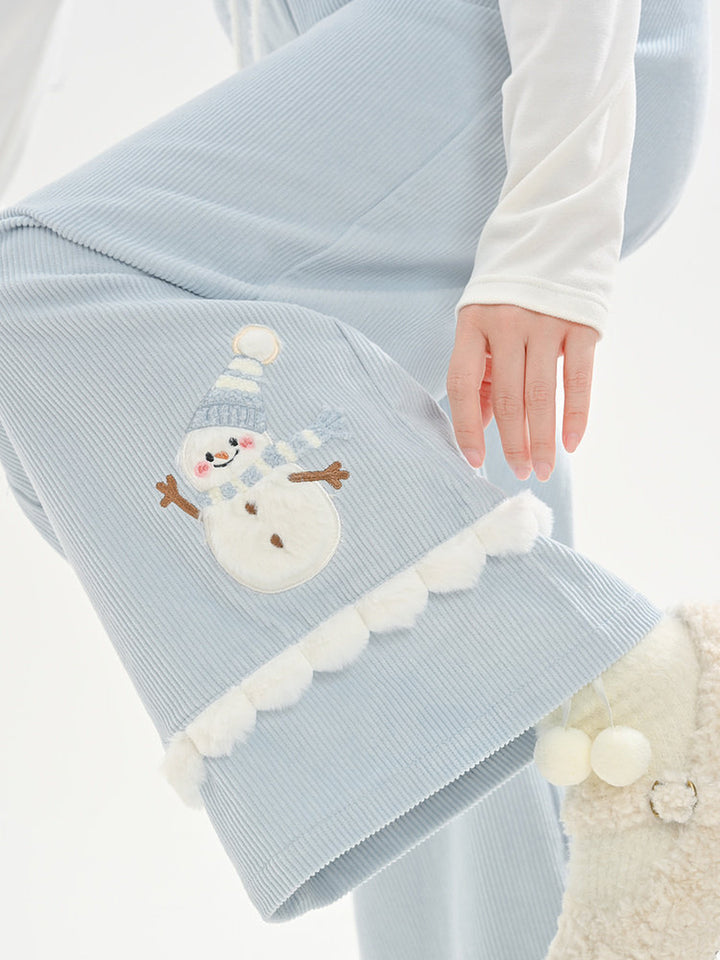 Snowman Pom-Pom Wide Leg Pants
