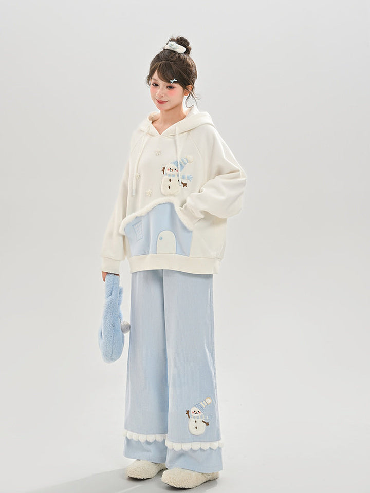 Snowman Pom-Pom Wide Leg Pants
