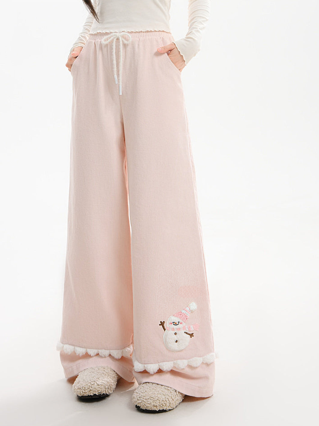 Snowman Pom-Pom Wide Leg Pants