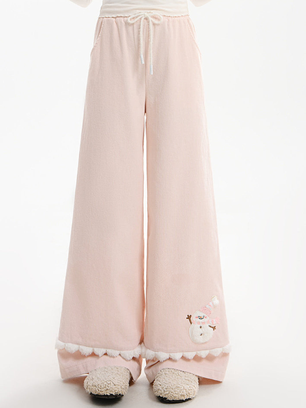 Snowman Pom-Pom Wide Leg Pants