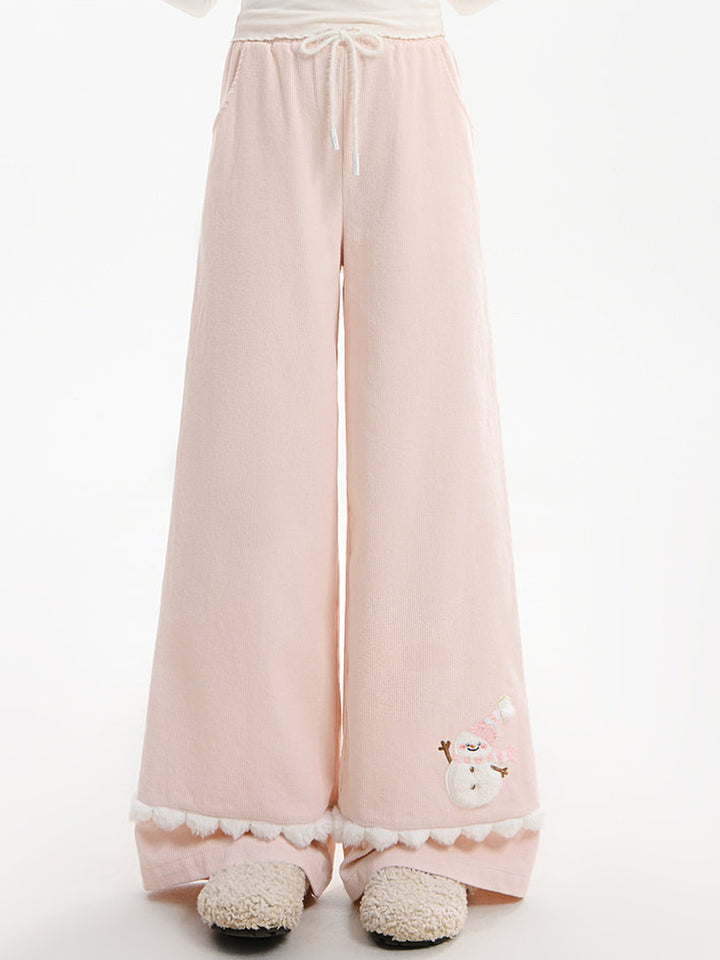 Snowman Pom-Pom Wide Leg Pants
