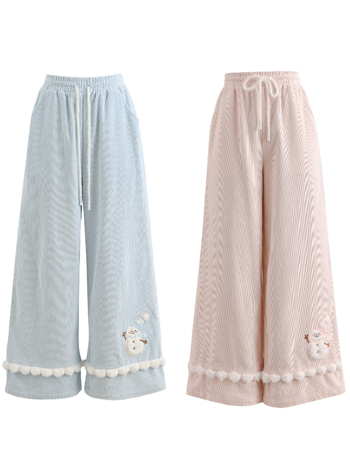 Snowman Pom-Pom Wide Leg Pants