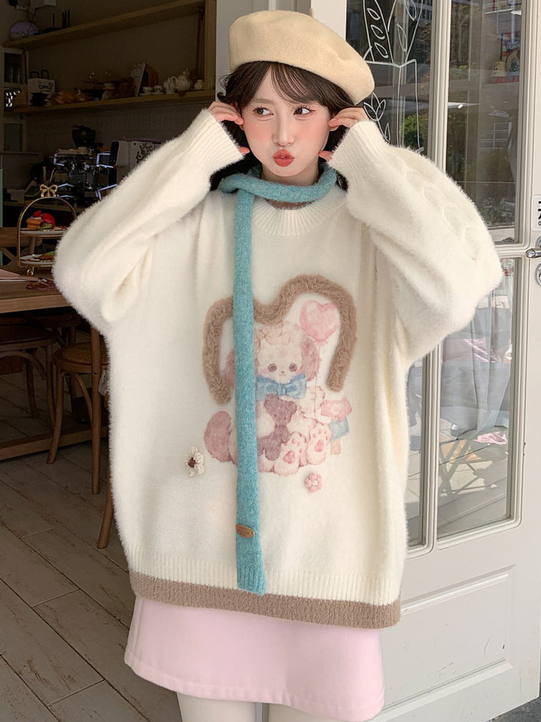Kawaii Bunny and Bear Graphic Sweater
