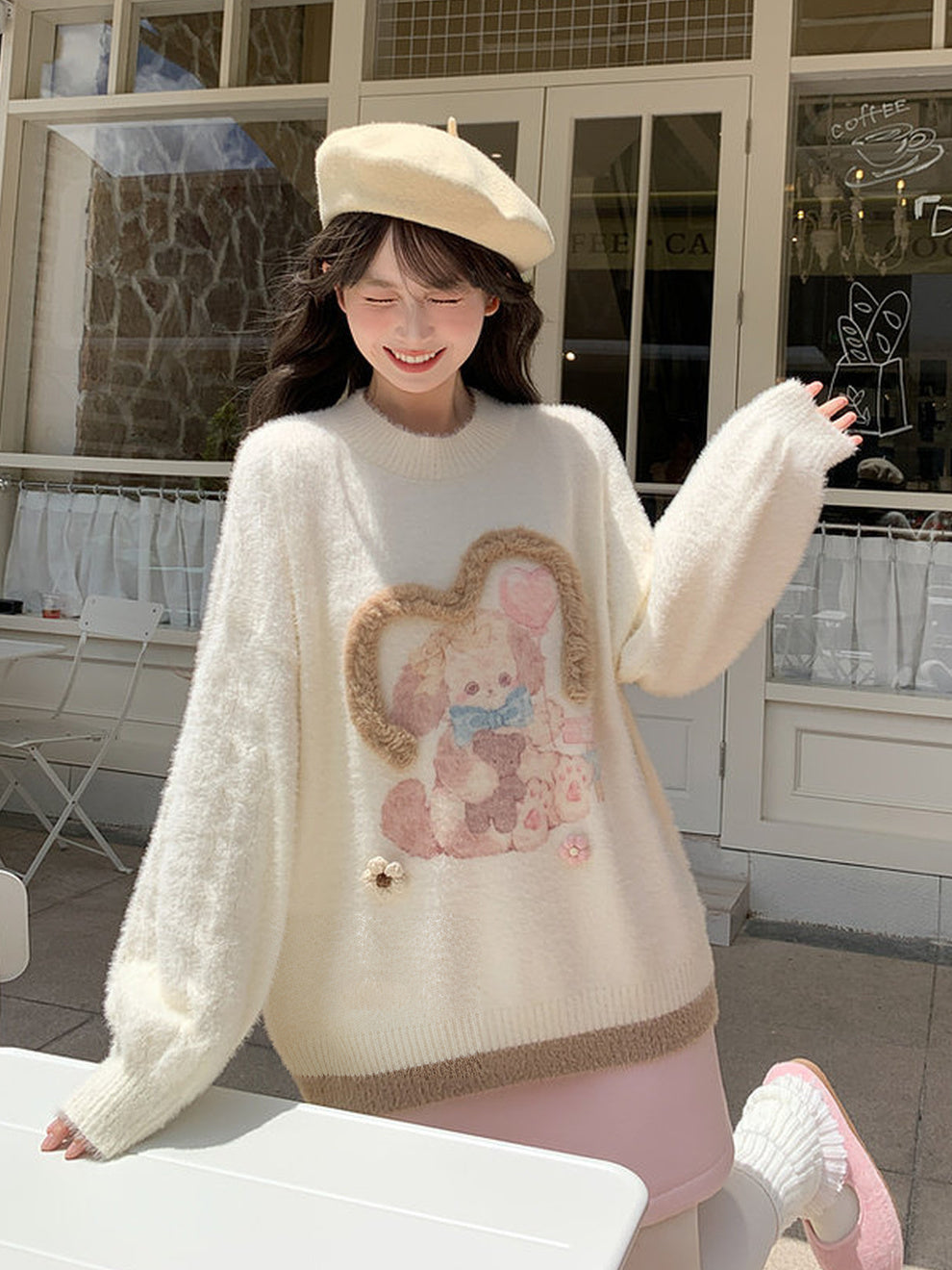 Kawaii Bunny and Bear Graphic Sweater