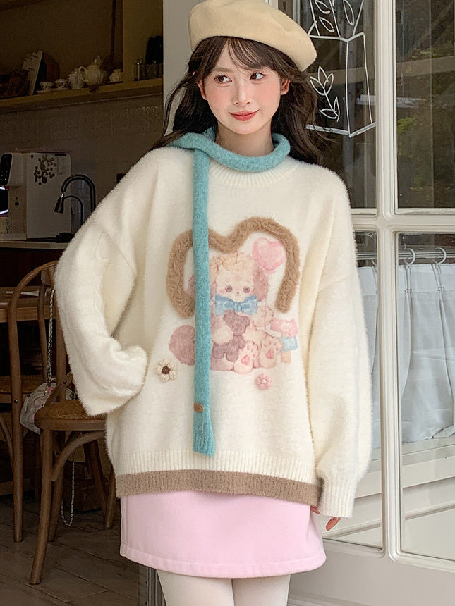 Kawaii Bunny and Bear Graphic Sweater