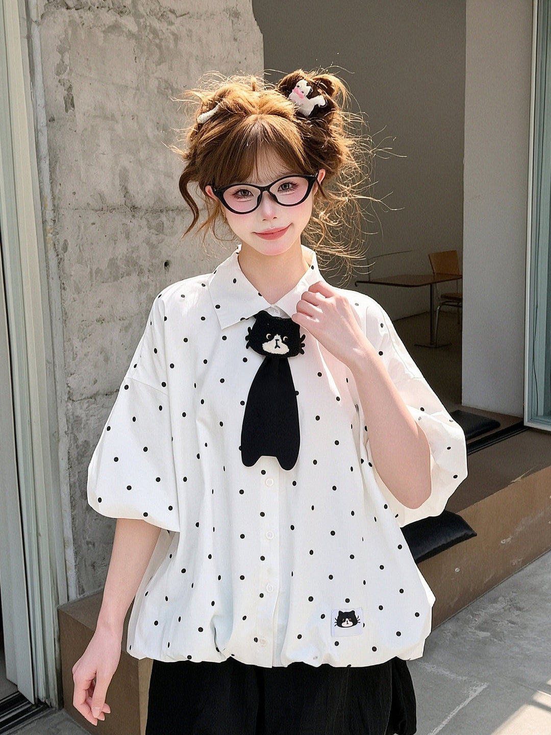 Polka Dot Cat Tie Shirt