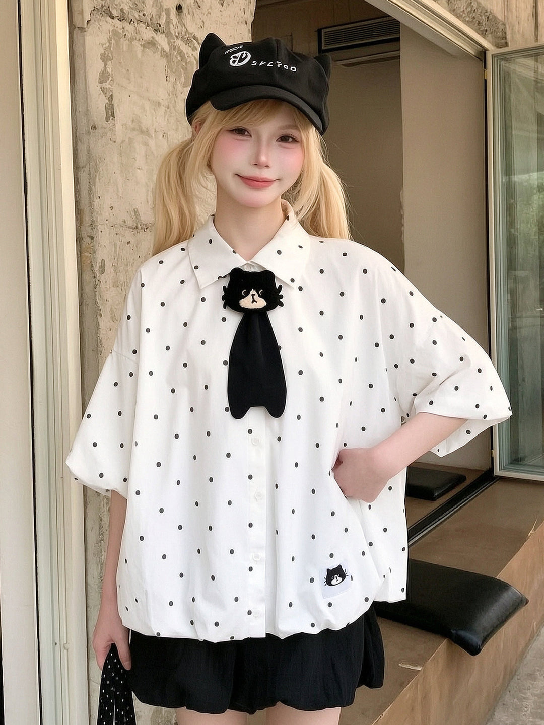 Polka Dot Cat Tie Shirt