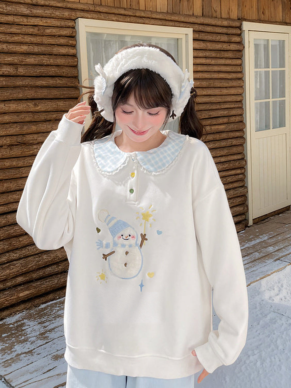 Snowman Appliqué Peter Pan Collar Sweatshirt