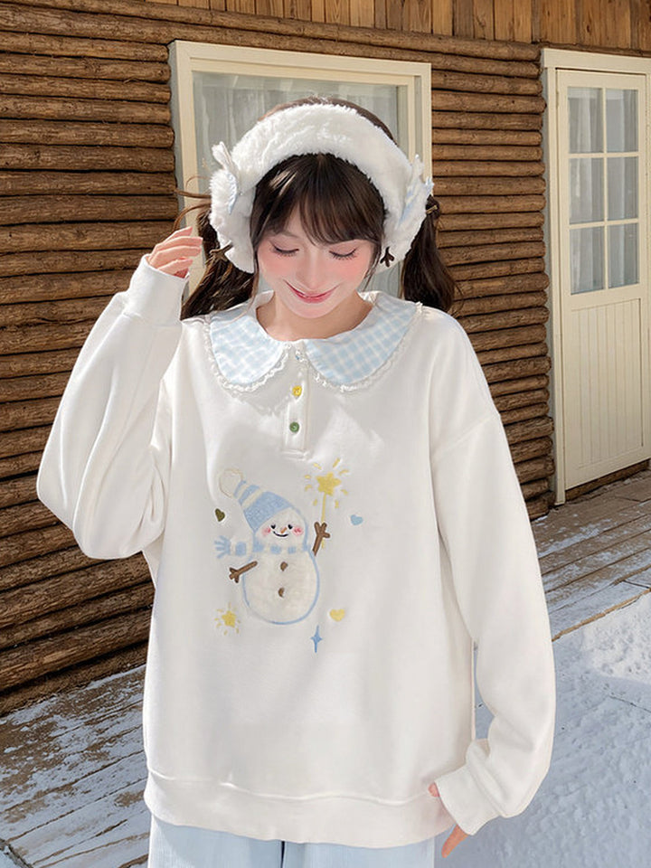 Snowman Appliqué Peter Pan Collar Sweatshirt