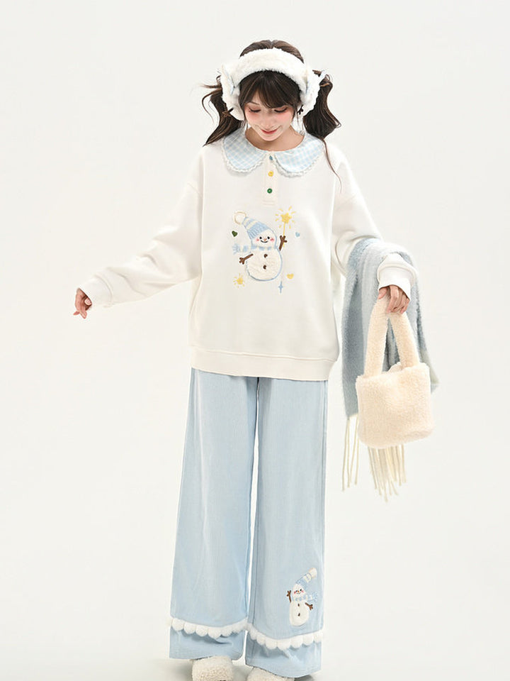 Snowman Appliqué Peter Pan Collar Sweatshirt