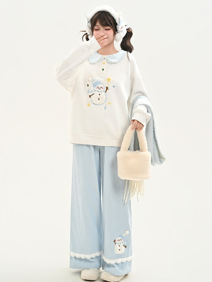 Snowman Appliqué Peter Pan Collar Sweatshirt