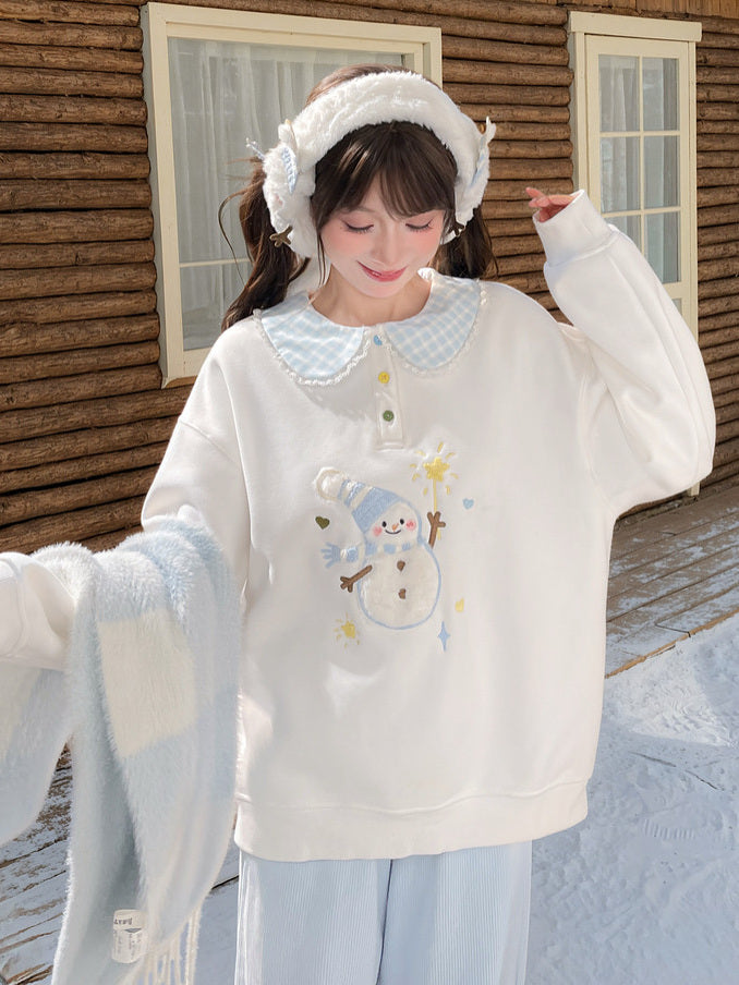 Snowman Appliqué Peter Pan Collar Sweatshirt