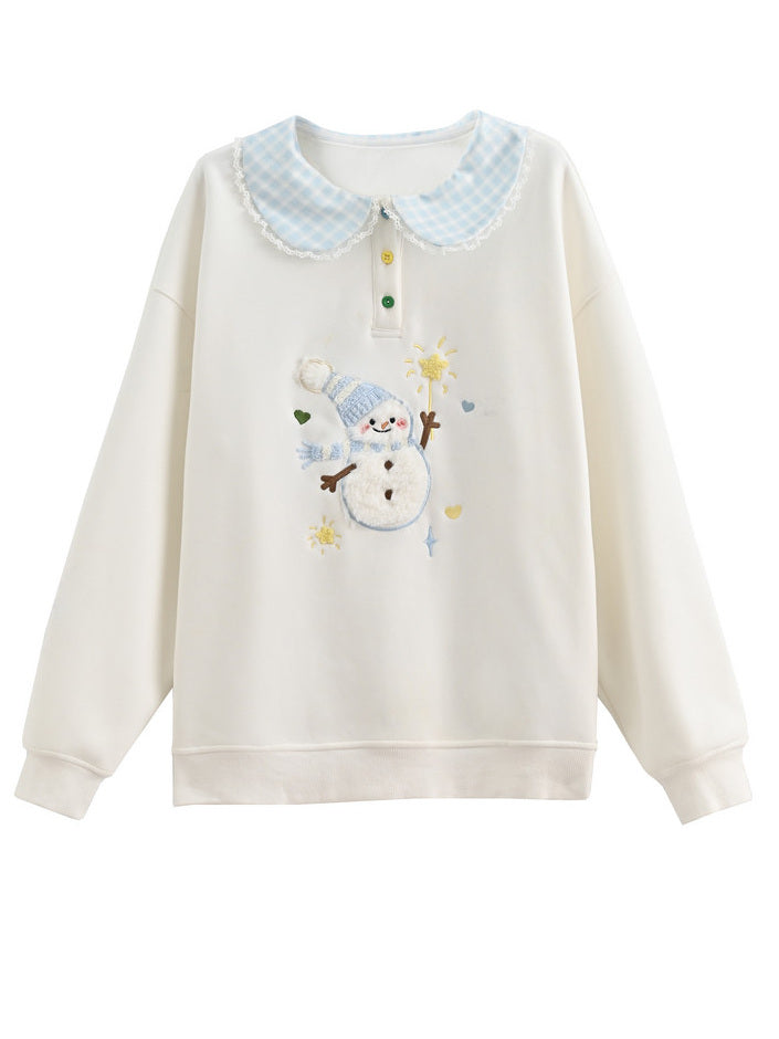 Snowman Appliqué Peter Pan Collar Sweatshirt