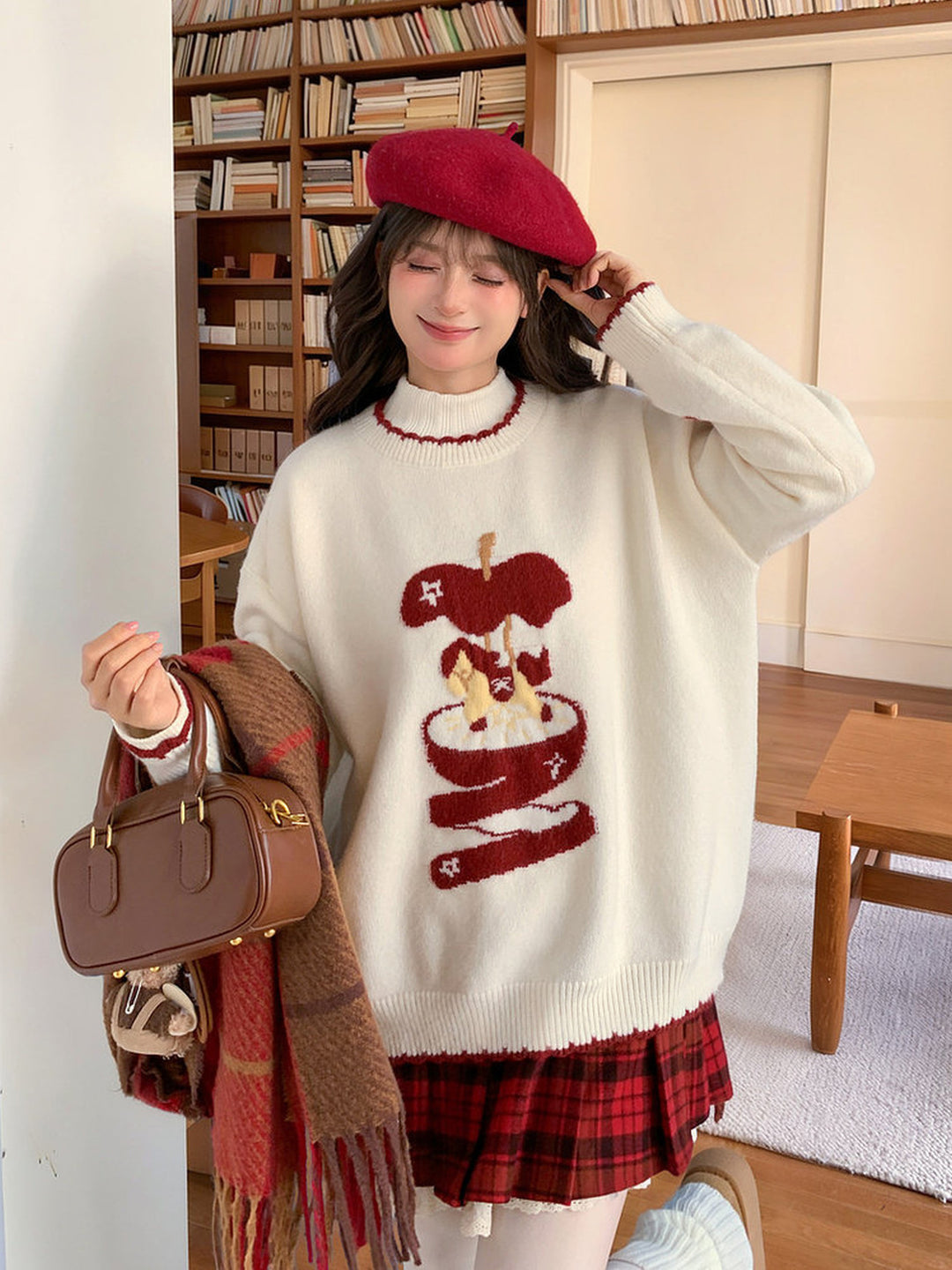 Whimsical Apple Graphic Knit Sweater