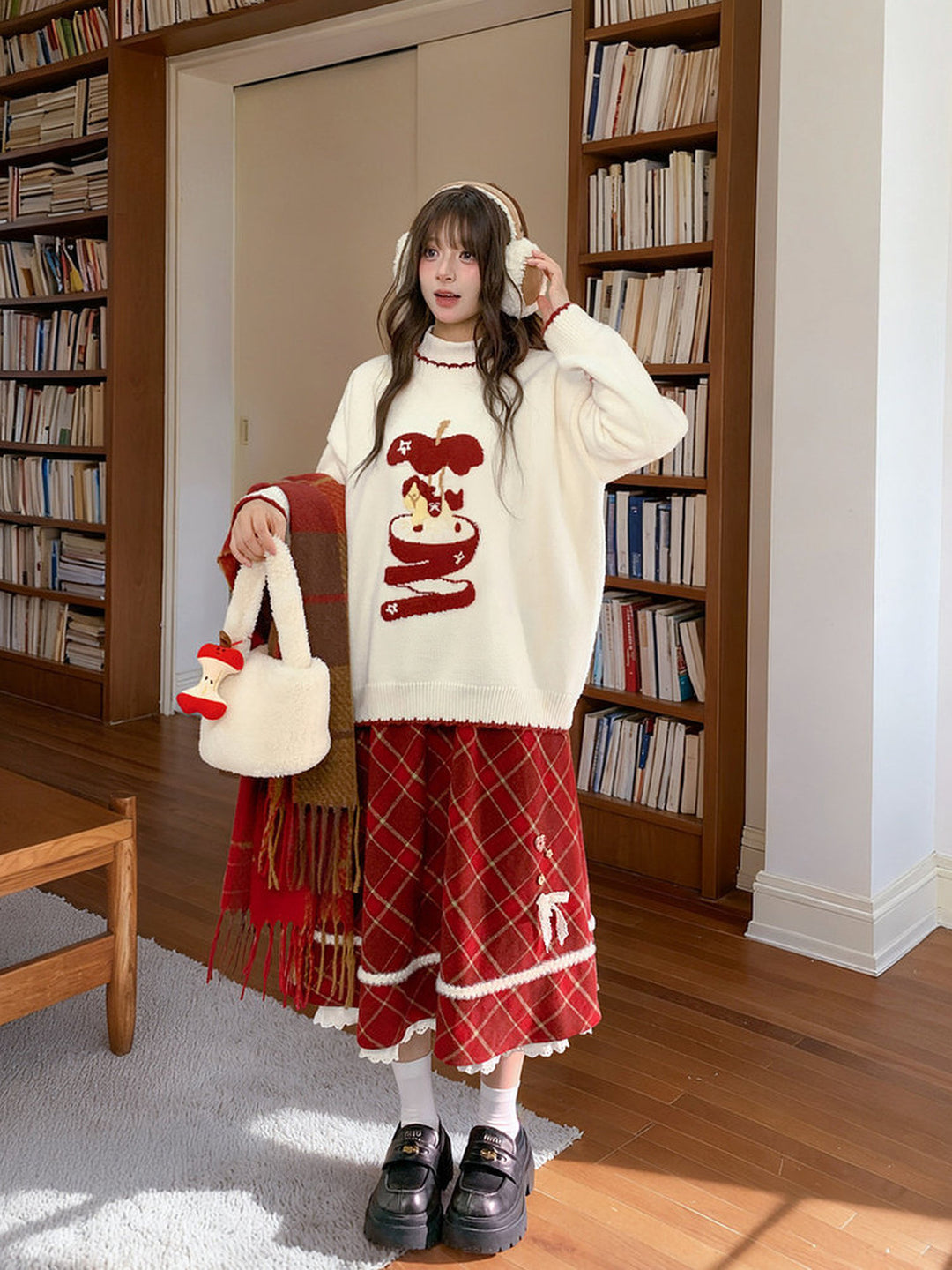 Whimsical Apple Graphic Knit Sweater