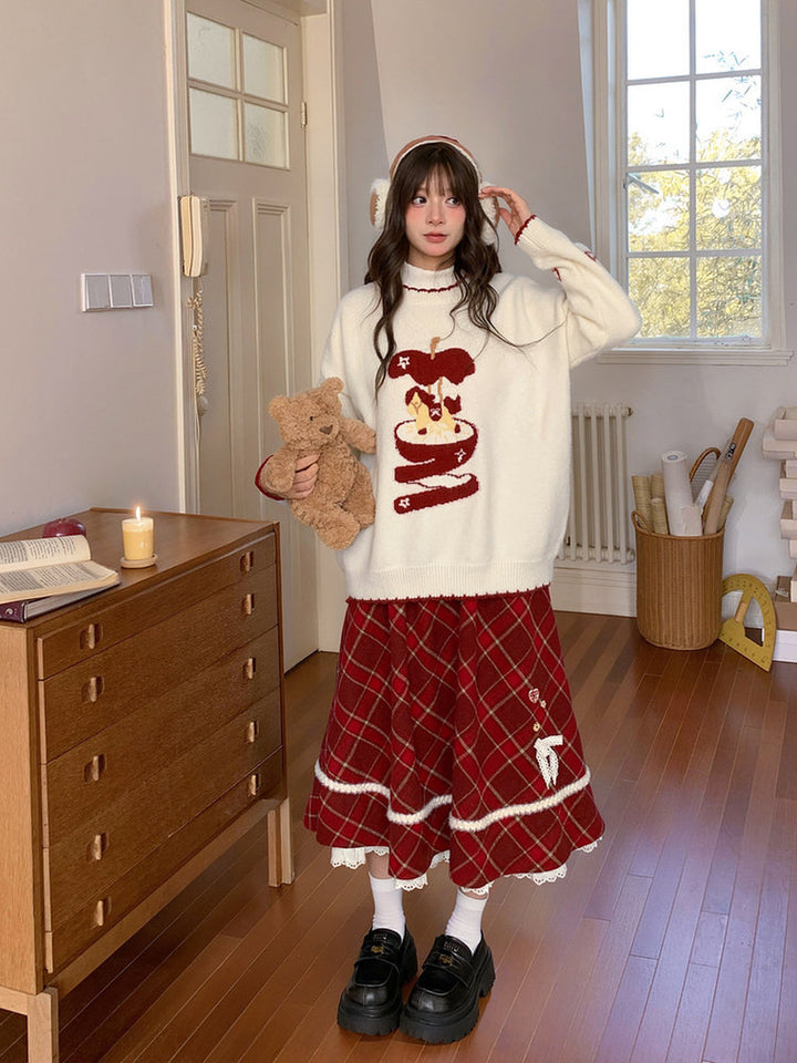 Whimsical Apple Graphic Knit Sweater