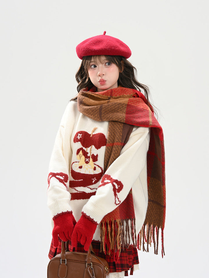 Whimsical Apple Graphic Knit Sweater
